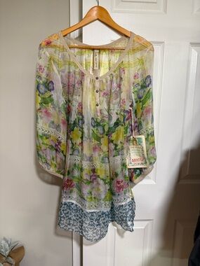 Aratta Sheer Silk Floral Tunic - Yellow, Green, Blue, Pink